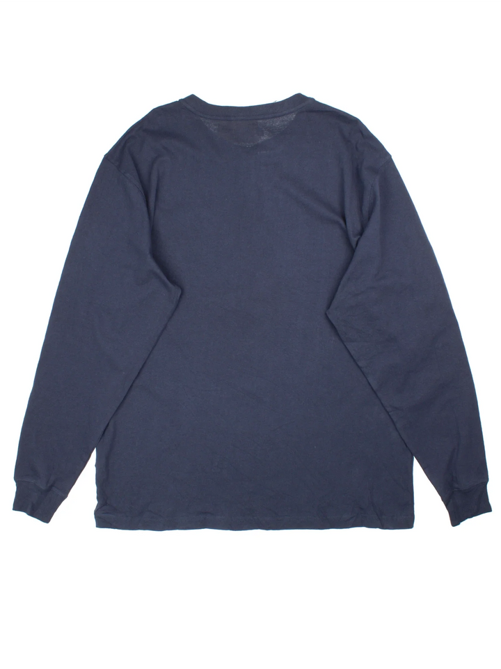 Carhartt Long Sleeve T-Shirt in a blue colourway with button up front and small classic logo on the front pocket