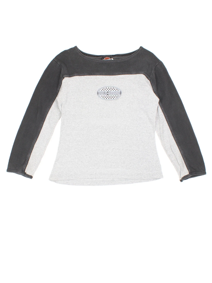 Harley-Davidson Long Sleeve T-Shirt in a grey colourway with black over the shoulder panelling and small logo graphic on the front and back.