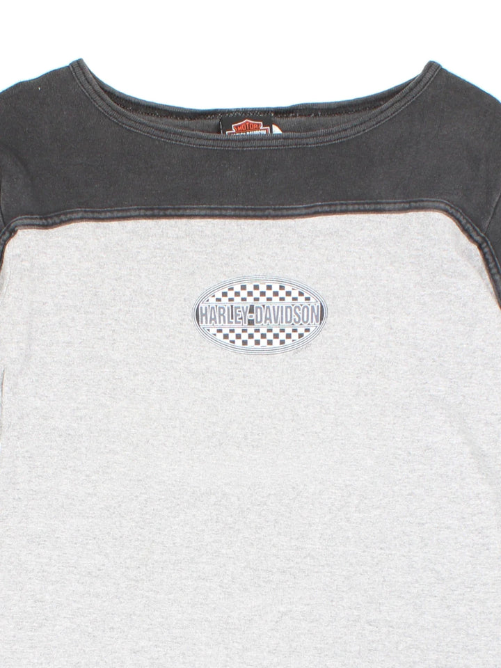 Harley-Davidson Long Sleeve T-Shirt in a grey colourway with black over the shoulder panelling and small logo graphic on the front and back.