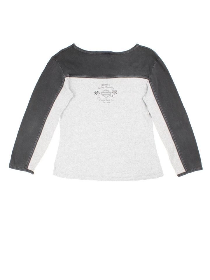 Harley-Davidson Long Sleeve T-Shirt in a grey colourway with black over the shoulder panelling and small logo graphic on the front and back.