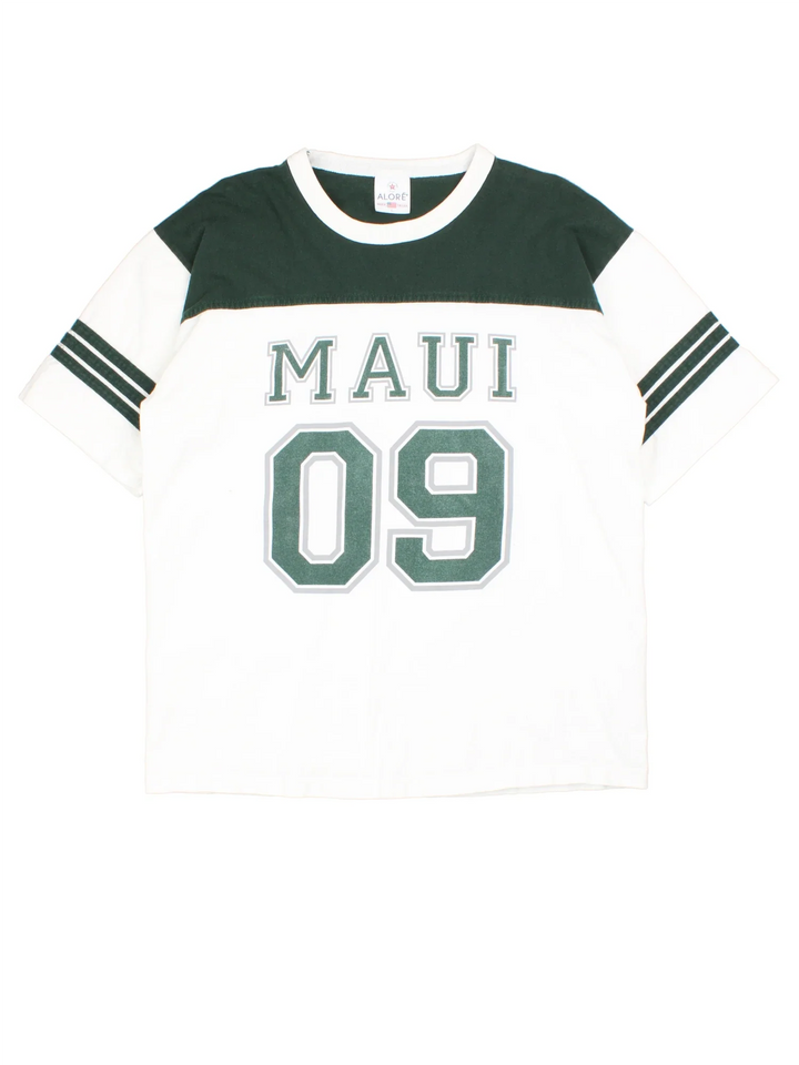 Vintage Maui Football T-Shirt in a white colourway with green detailing on sleeves and shoulders. Name and number graphic on the front and back.