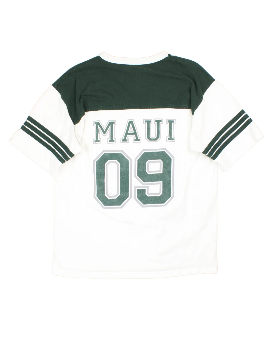 Vintage Maui Football T-Shirt in a white colourway with green detailing on sleeves and shoulders. Name and number graphic on the front and back.