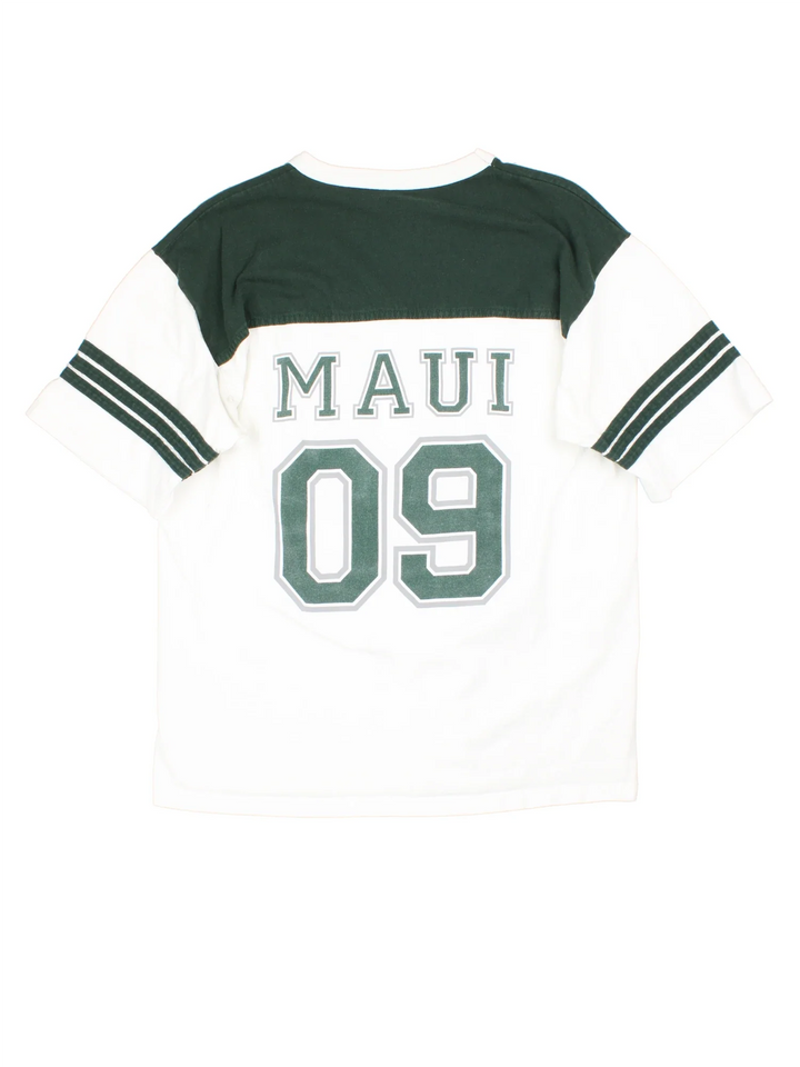 Vintage Maui Football T-Shirt in a white colourway with green detailing on sleeves and shoulders. Name and number graphic on the front and back.