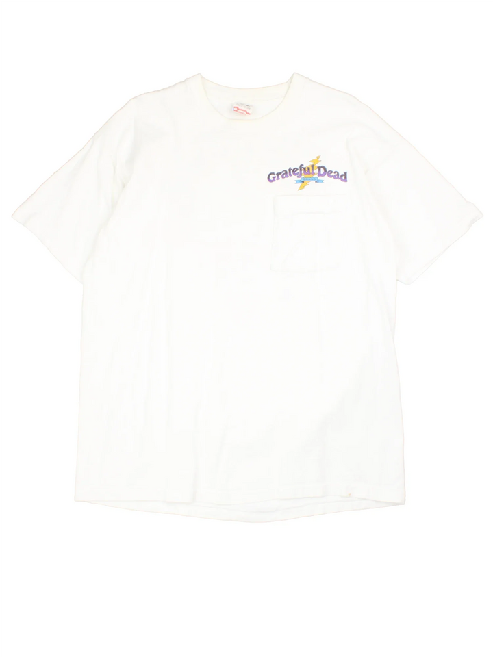 Vintage 1991 Grateful Dead Quality Rock & Roll T-Shirt in a white colourway with small band logo on the front pocket and large graphic on the back.
