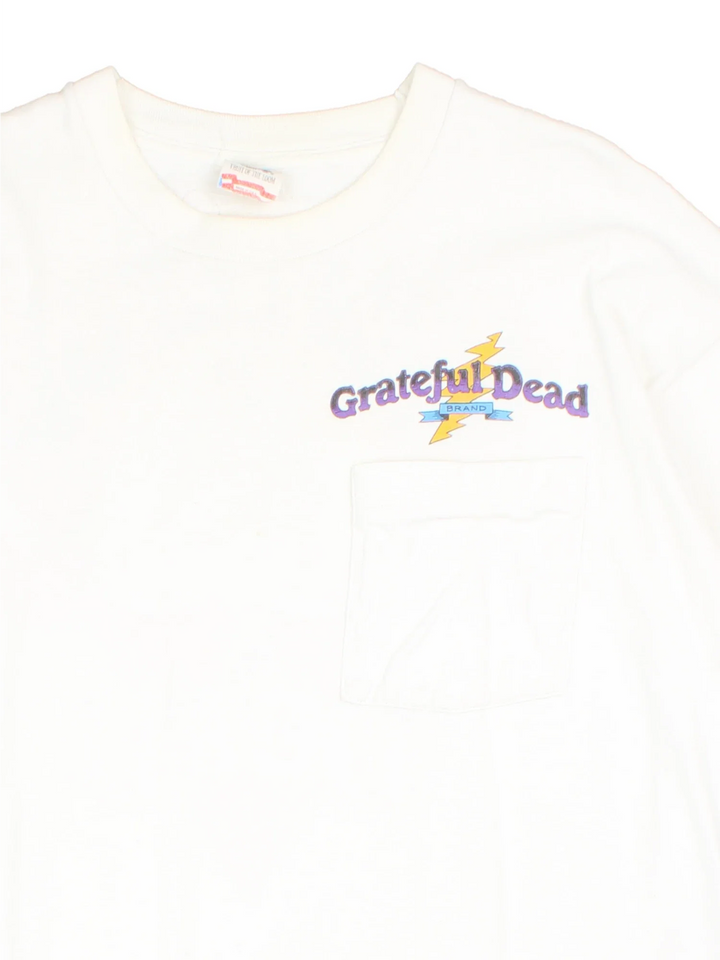 Vintage 1991 Grateful Dead Quality Rock & Roll T-Shirt in a white colourway with small band logo on the front pocket and large graphic on the back.