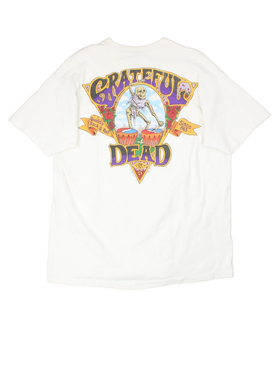 Vintage 1991 Grateful Dead Quality Rock & Roll T-Shirt in a white colourway with small band logo on the front pocket and large graphic on the back.