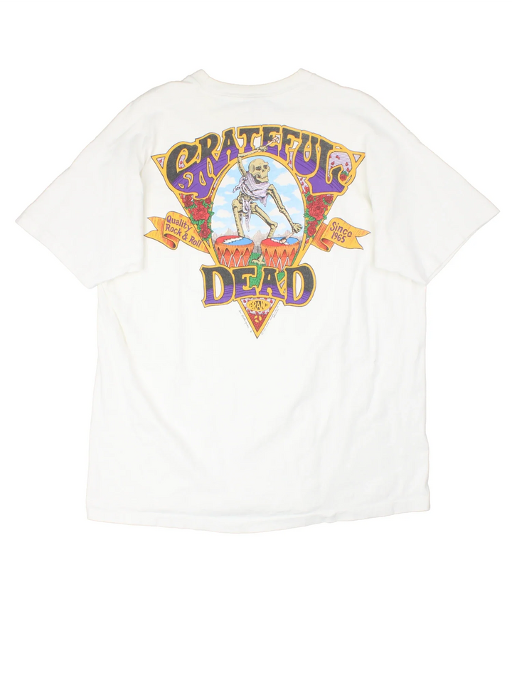 Vintage 1991 Grateful Dead Quality Rock & Roll T-Shirt in a white colourway with small band logo on the front pocket and large graphic on the back.