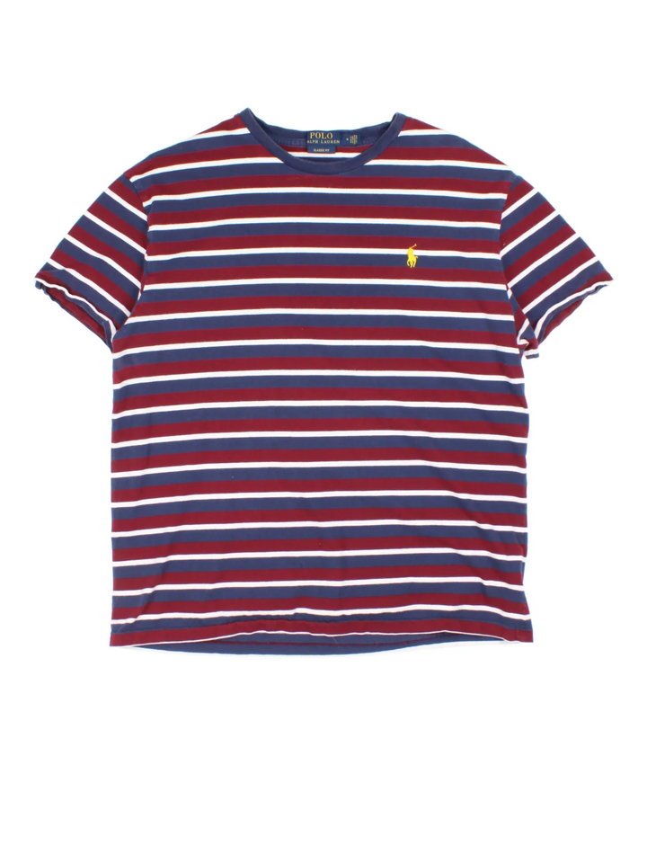Vintage Ralph Lauren T-Shirt in a red/blue/white striped colourway, with embroidered branding on front.
