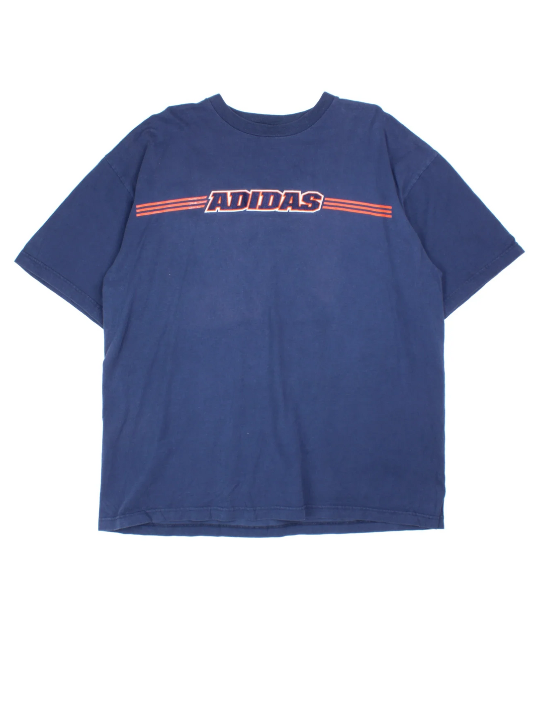 Vintage Adidas T-Shirt in a blue colourway, with orange piping and flocked branding on front.