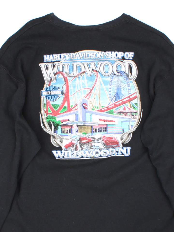 Vintage Harley-Davidson Wildwood Long Sleeve T-Shirt in a black colourway with branding printed on front and back.