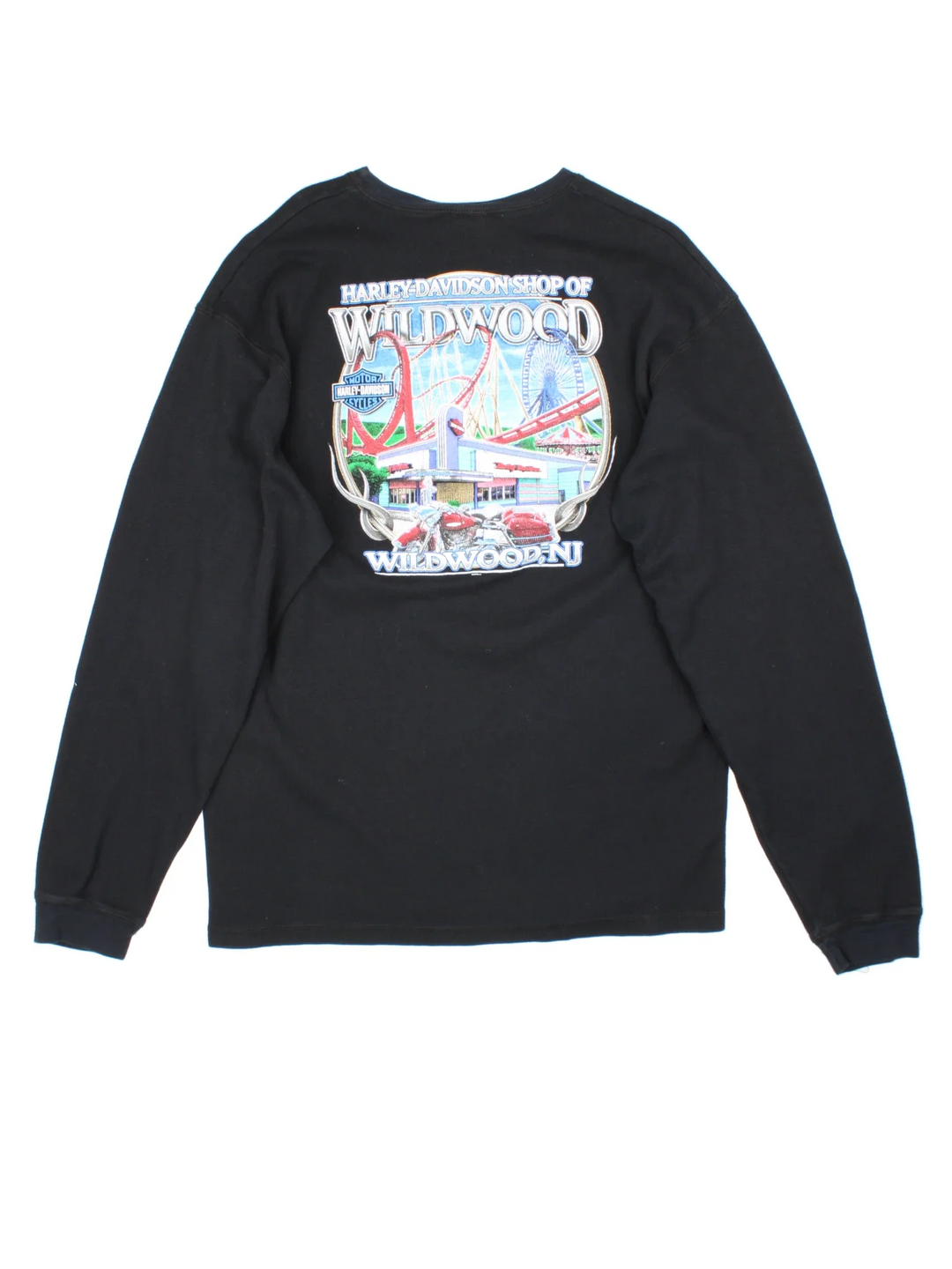 Vintage Harley-Davidson Wildwood Long Sleeve T-Shirt in a black colourway with branding printed on front and back.