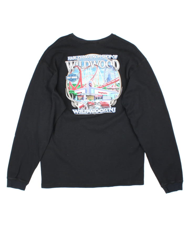 Vintage Harley-Davidson Wildwood Long Sleeve T-Shirt in a black colourway with branding printed on front and back.