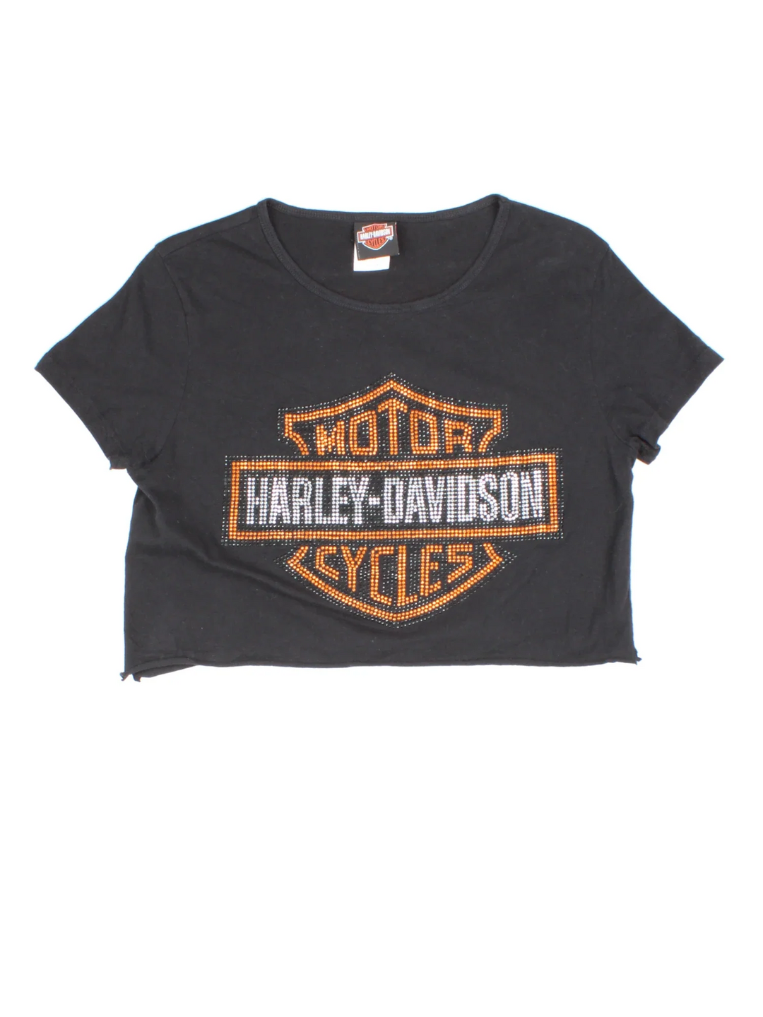 Vintage Harley-Davidson Crop Top in a black colourway with gem stone branding on front and printed branding on the back.