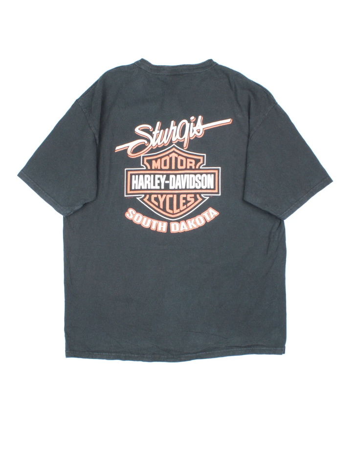 Vintage Harley-Davidson South Dakota T-Shirt in a black colourway with x3 button fastening and printed branding on front/back.
