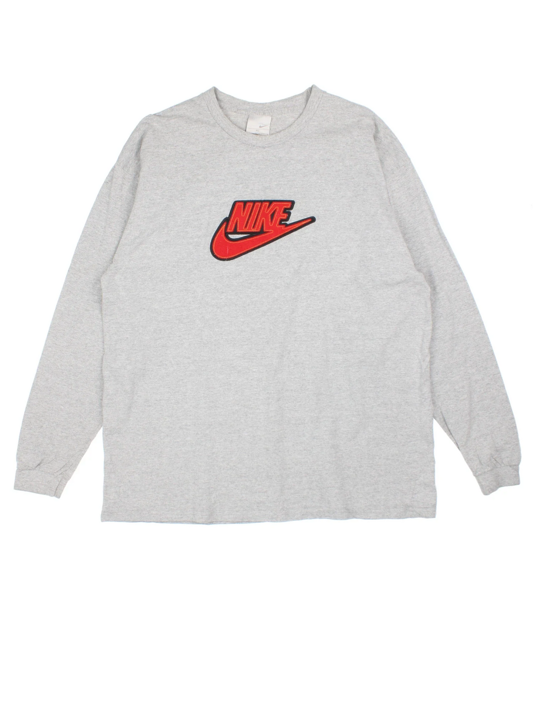 Vintage Nike Long Sleeve T-Shirt in a grey colourway with flocked branding on front.