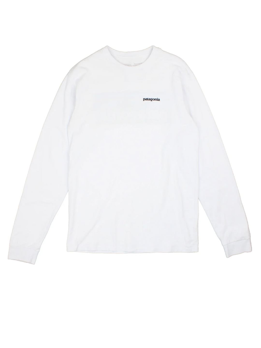 Patagonia Long Sleeve Top in a white colourway with printed graphic on front and back.