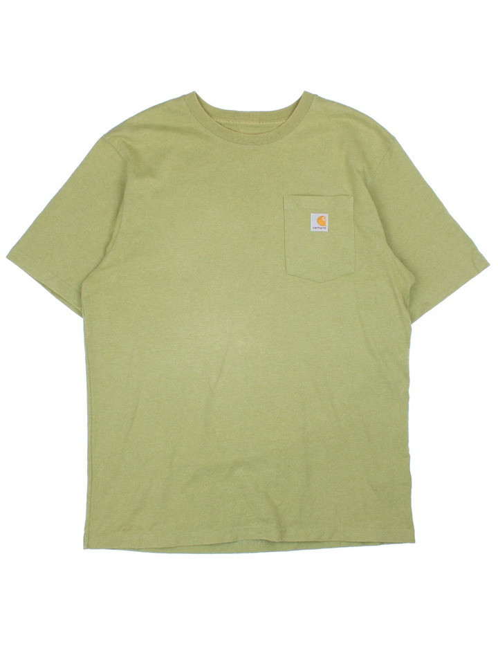 Carhartt T-Shirt in a green colourway and has a chest pocket with the logo embroidered on the front and larger printed logo on the back.