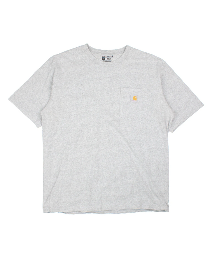 Carhartt T-Shirt in a grey colourway and has a chest pocket with the logo embroidered on the front.
