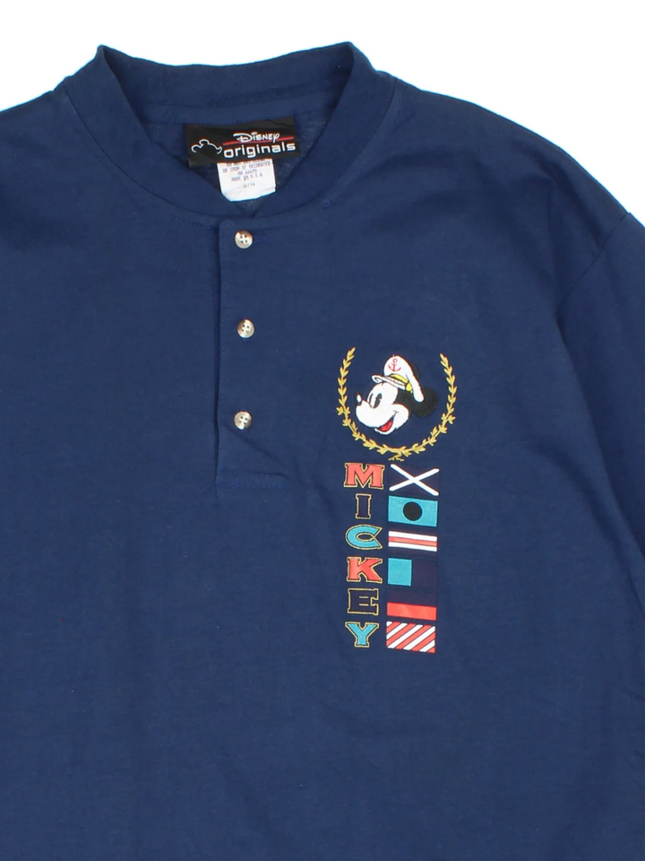 Vintage Disney Mickey Mouse Sailing T-Shirt in a blue colourway, with x3 button fastening and embroided/printed character detailing.