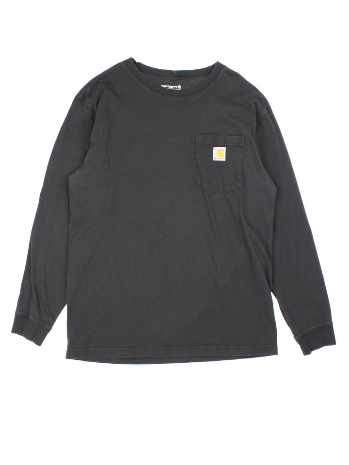 Vintage Carhartt Long Sleeve T-Shirt in a black colourway, pocket and branding embroidered on the front.