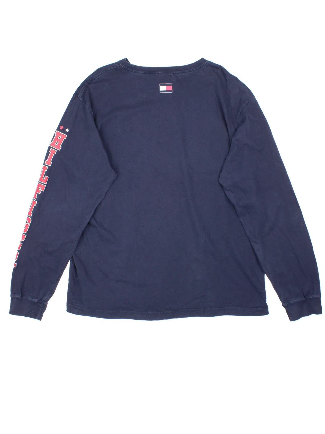 Tommy Hilfiger Long Sleeve T-Shirt in a blue colourway with logo branding along the sleeve and small logo on the front.