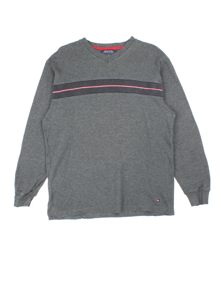 Tommy Hilfiger Long Sleeve T-Shirt in a grey colourway with stripe detailing across the front and small classic logo on the hem.