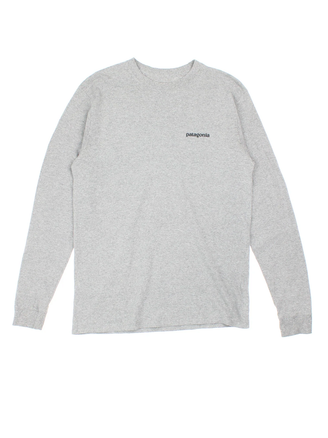 Patagonia Long Sleeve T-Shirt in a grey colourway with small logo on the chest and larger graphic on the back.