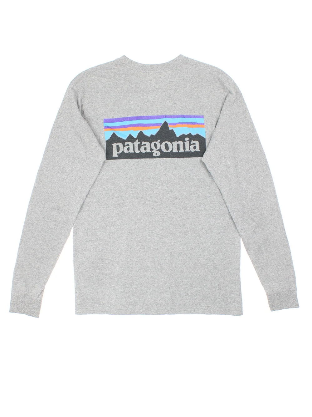 Patagonia Long Sleeve T-Shirt in a grey colourway with small logo on the chest and larger graphic on the back.