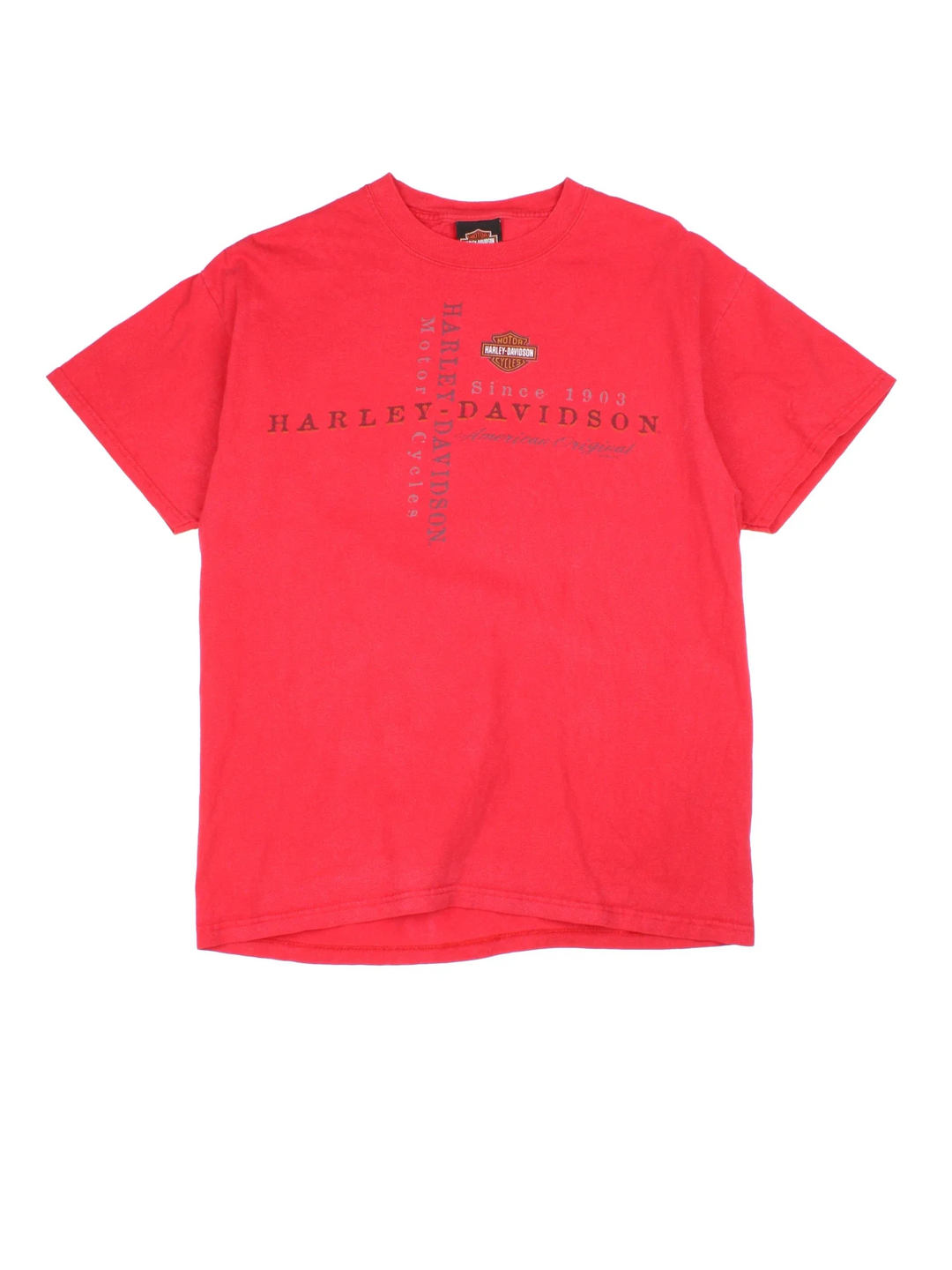 Vintage 2002 Harley-Davidson T-Shirt in a red colourway with brand logo across the front and large graphic on the back..