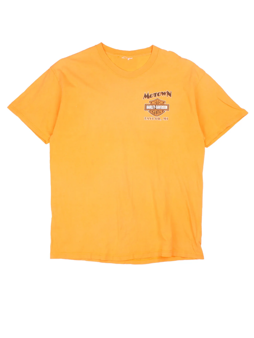 Harley-Davidson Motown T-Shirt in a orange colourway with small brand logo on the front and larger graphic on the back..