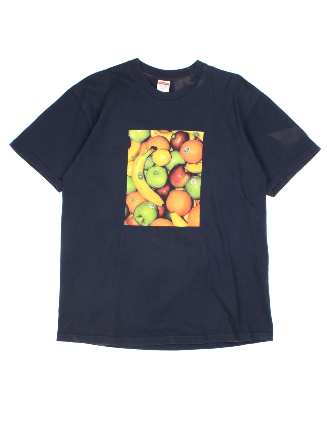 Supreme Fruit T-Shirt in a blue colourway with fruit graphic on the front, and small fruit sticker on the back.