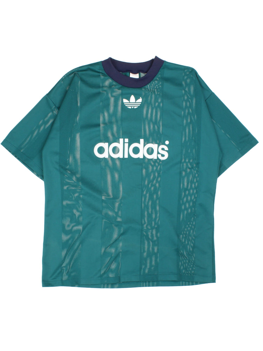 Vintage Stripe Mesh Adidas T-Shirt in a green colourway with spellout logo on the front.