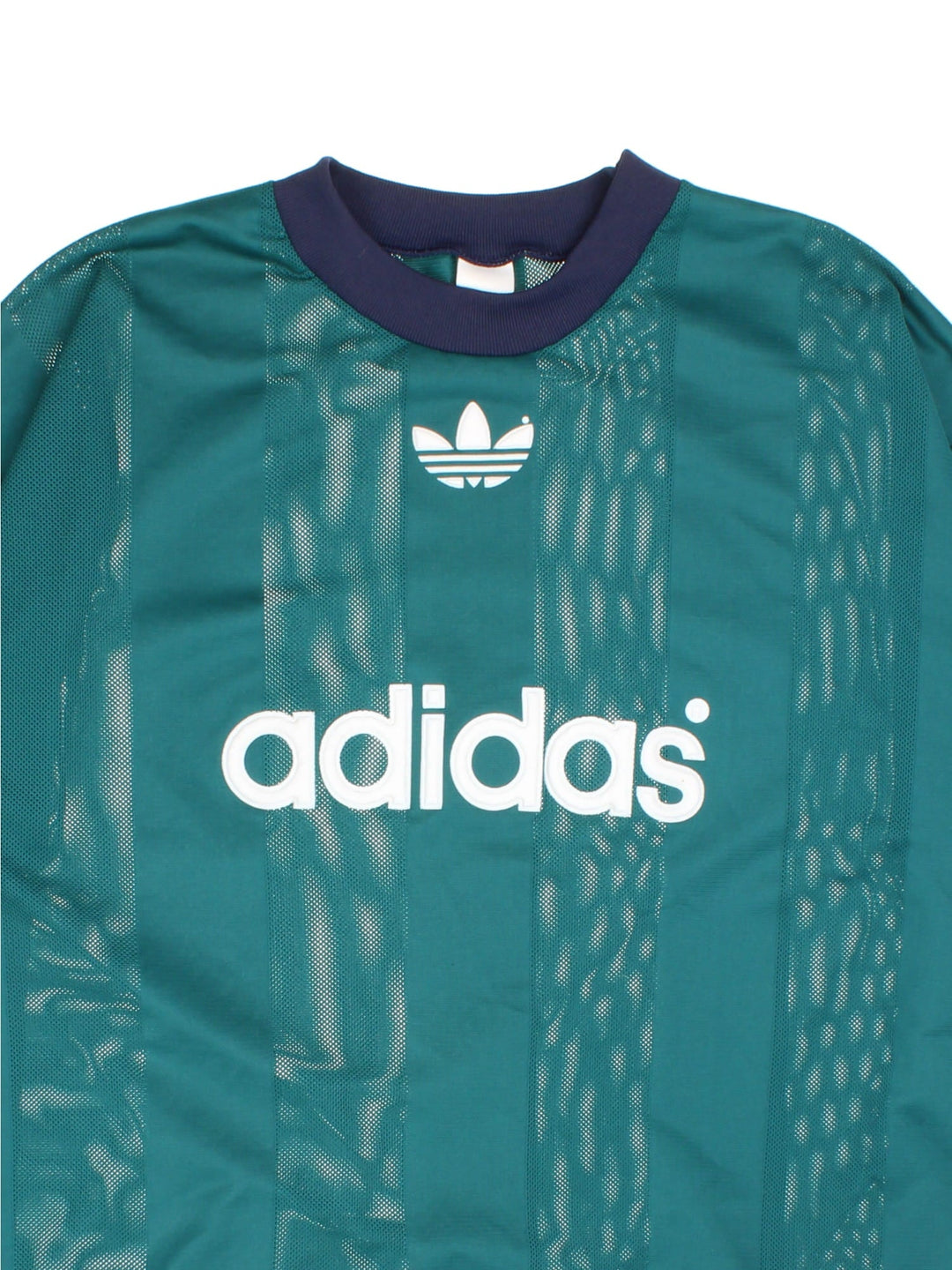 Vintage Stripe Mesh Adidas T-Shirt in a green colourway with spellout logo on the front.