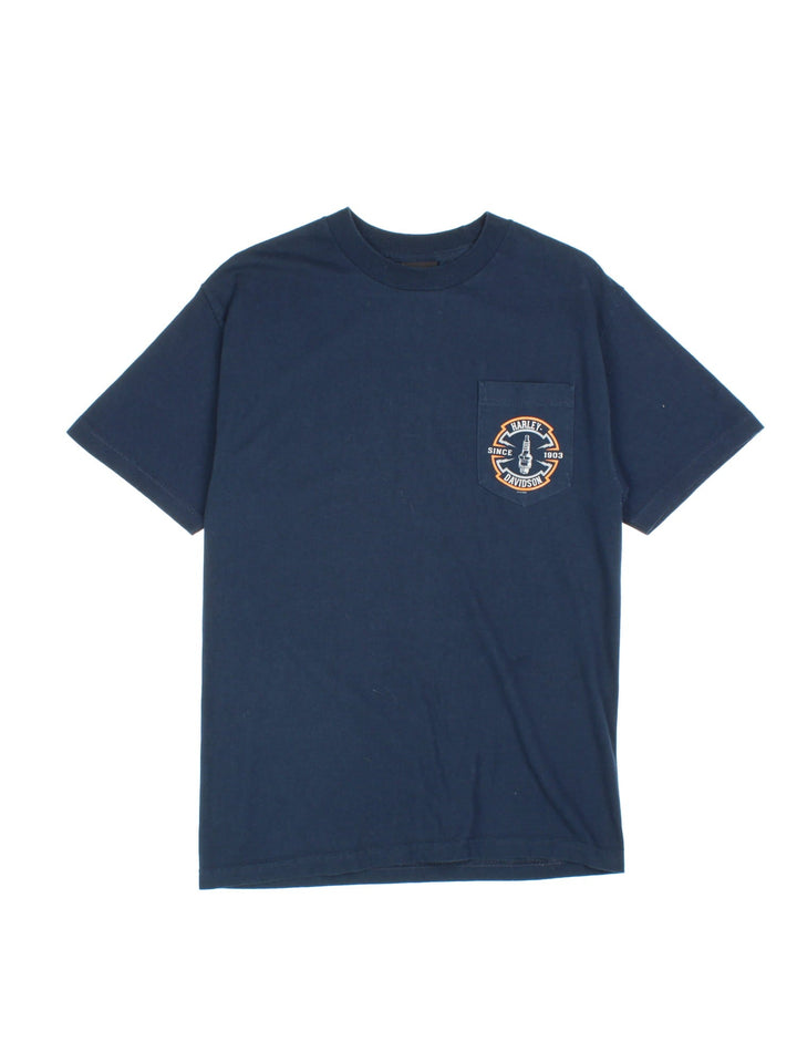 Vintage Harley-Davidson Pocket T-Shirt in a blue colourway with front pocket printed logo and large back print.