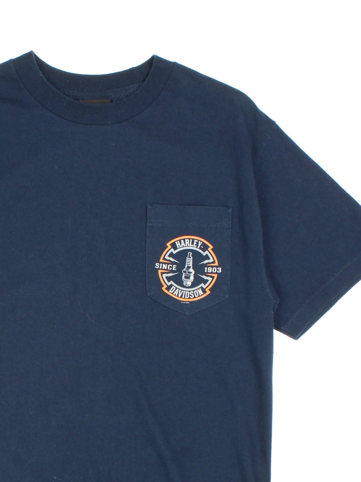 Vintage Harley-Davidson Pocket T-Shirt in a blue colourway with front pocket printed logo and large back print.