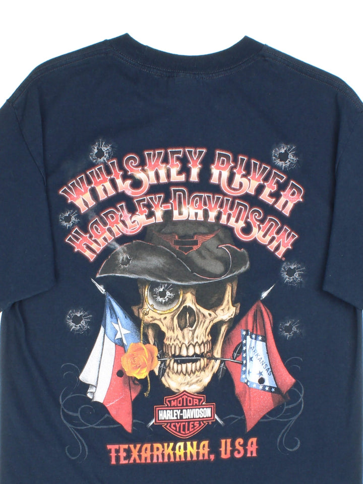 Vintage Harley-Davidson Pocket T-Shirt in a blue colourway with front pocket printed logo and large back print.