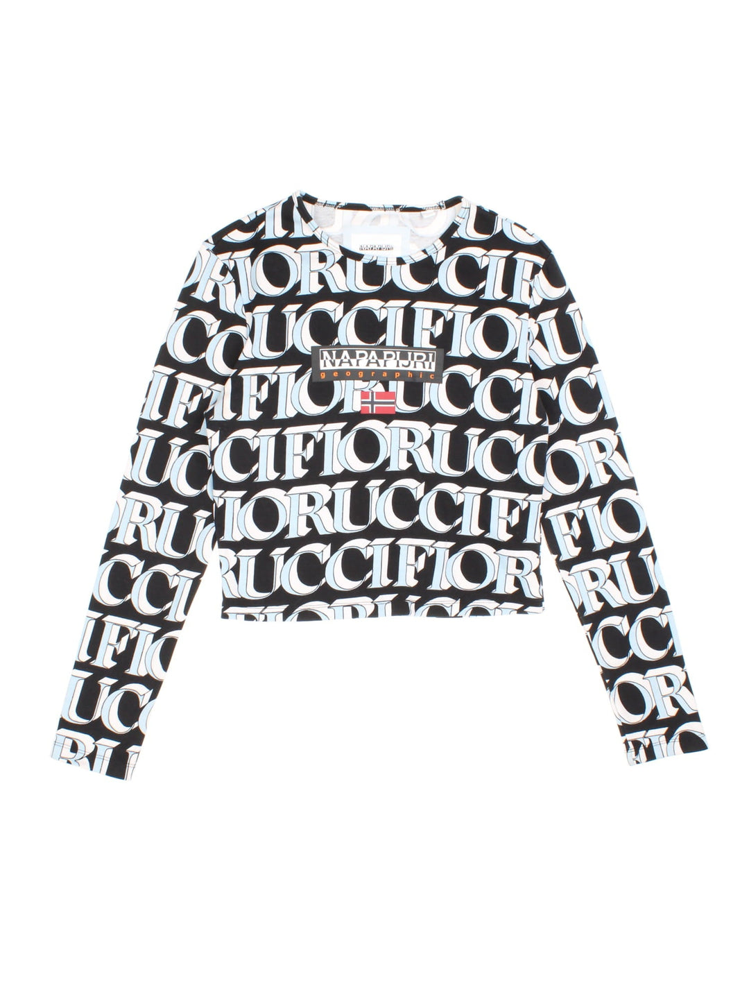 Vintage Napapijri x Fiorucci Long Sleeve T-Shirt in a black, white and blue colourway with logo printed all over the front and back.