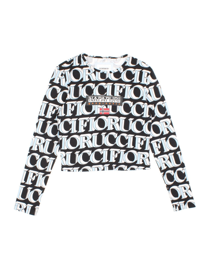 Vintage Napapijri x Fiorucci Long Sleeve T-Shirt in a black, white and blue colourway with logo printed all over the front and back.
