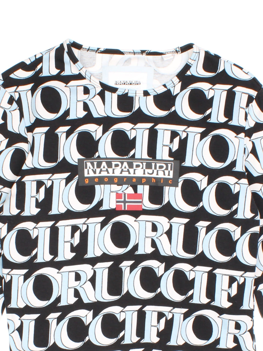 Vintage Napapijri x Fiorucci Long Sleeve T-Shirt in a black, white and blue colourway with logo printed all over the front and back.