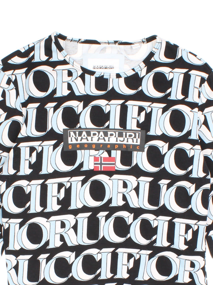 Vintage Napapijri x Fiorucci Long Sleeve T-Shirt in a black, white and blue colourway with logo printed all over the front and back.