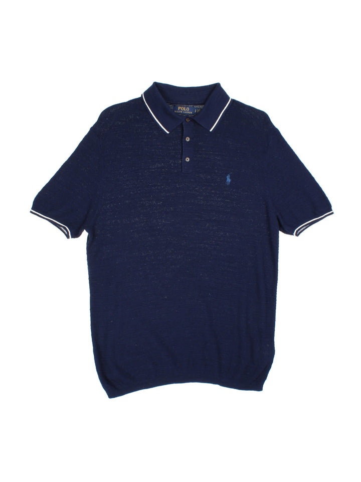 Vintage Polo Ralph Lauren Knitted Polo Shirt in a blue colourway, with x3 button fastening and embroidered front logo.