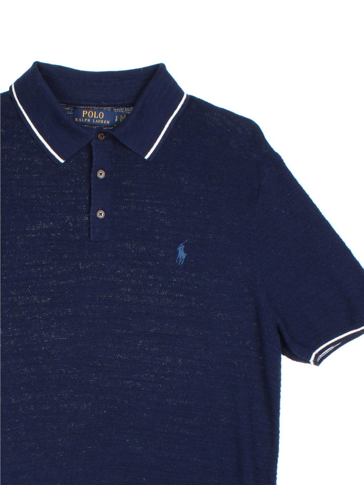 Vintage Polo Ralph Lauren Knitted Polo Shirt in a blue colourway, with x3 button fastening and embroidered front logo.