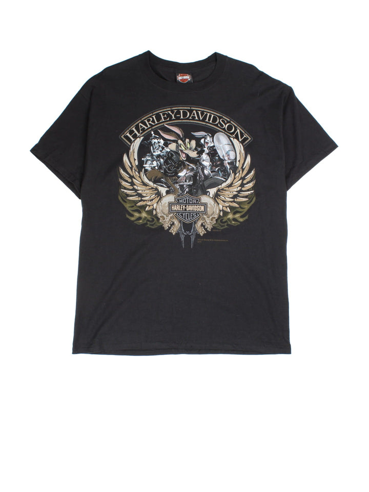 Vintage Harley-Davidson Looney Tunes T-Shirt in a black colourway with the logo and cartoon characters printed on the front and back.