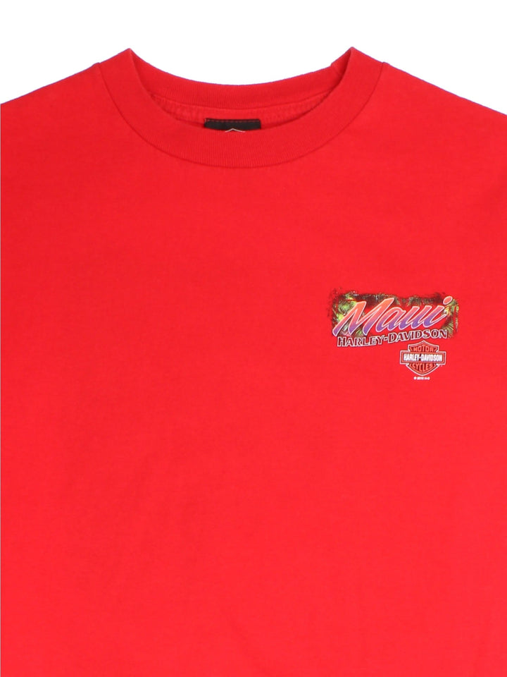 Vintage Harley-Davidson T-Shirt in a red colourway with the logo printed on the front and graphic on the back.