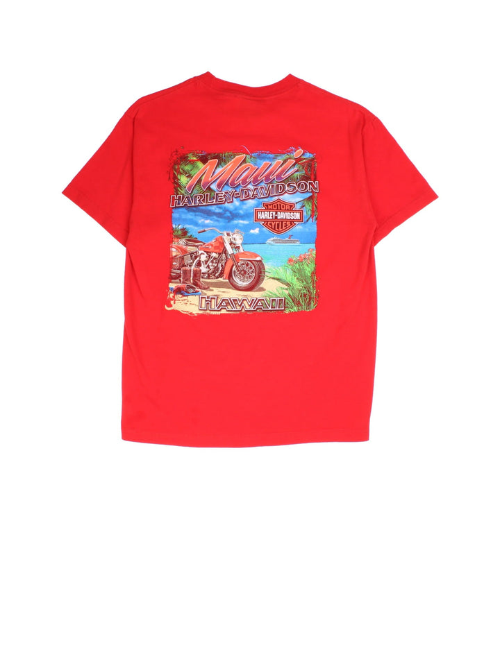 Vintage Harley-Davidson T-Shirt in a red colourway with the logo printed on the front and graphic on the back.