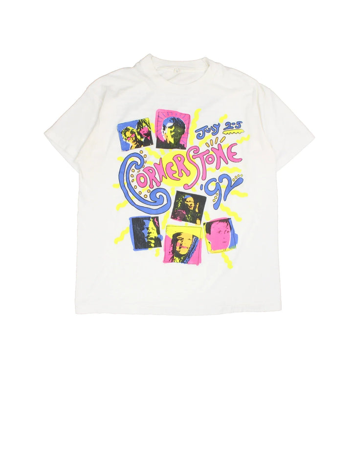 Vintage 1992 Cornerstone Graphic T-Shirt in a white colourway with front and back graphic.