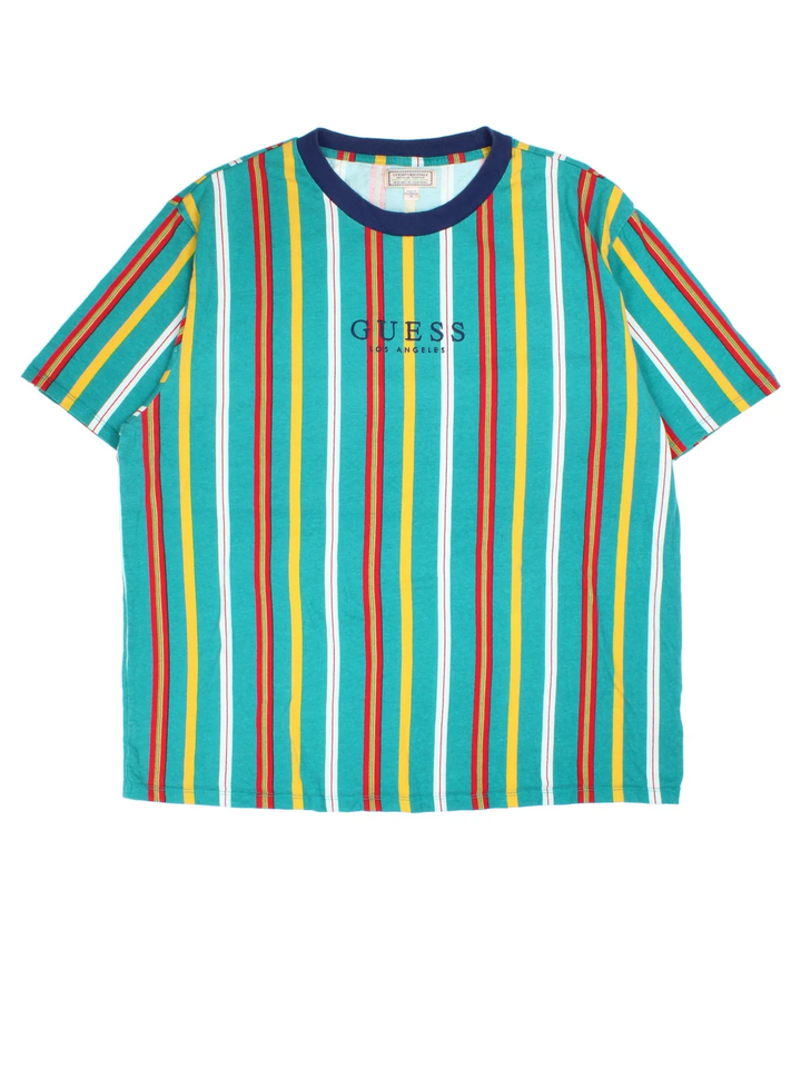 Guess T-Shirt in a green colourway with multicoloured stripe pattern. Logo across the front with dark contrast collar.