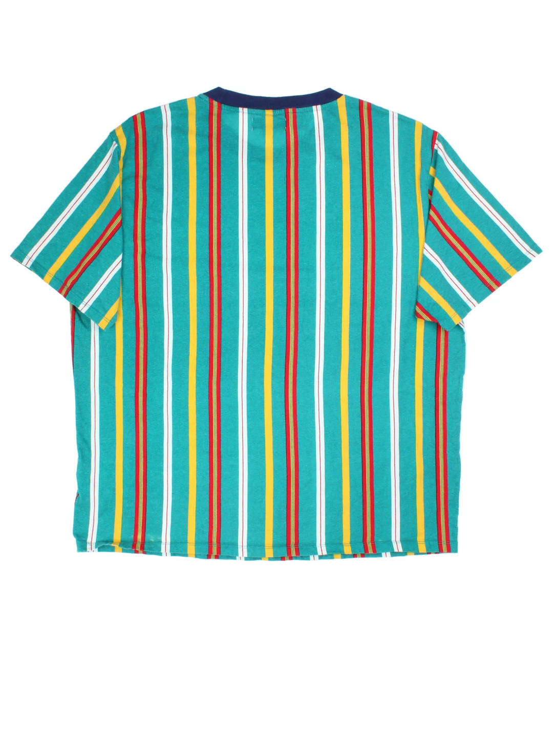 Guess T-Shirt in a green colourway with multicoloured stripe pattern. Logo across the front with dark contrast collar.