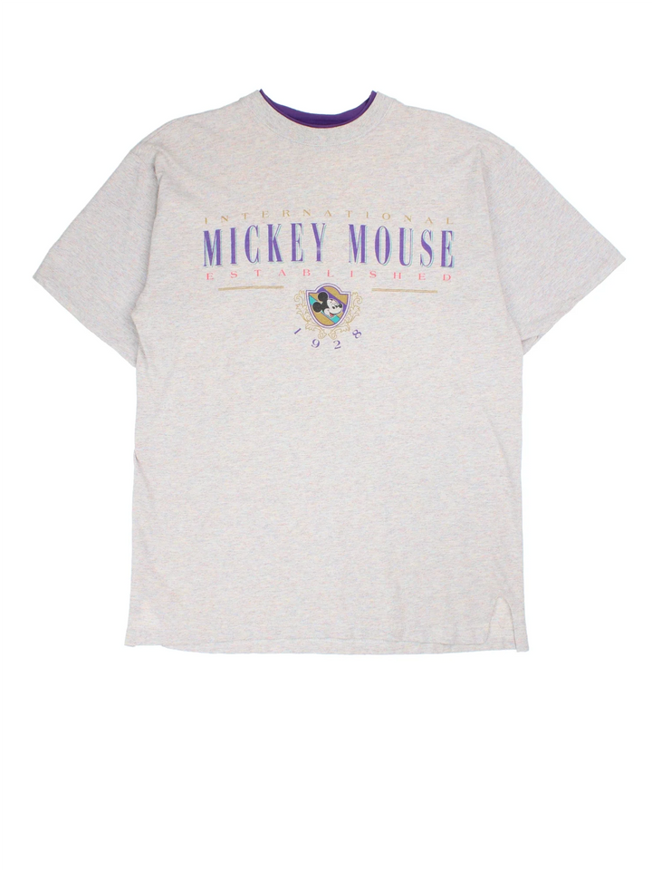 Vintage Disney Mickey Mouse T-Shirt in a grey colourway with the logo printed on the front and a purple trim around the collar.