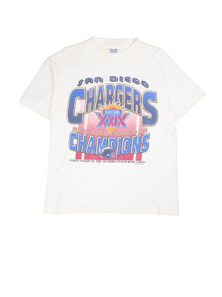 Vintage 1994 San Diego Chargers Champions T-Shirt in a white colourway with large graphic on the front.
